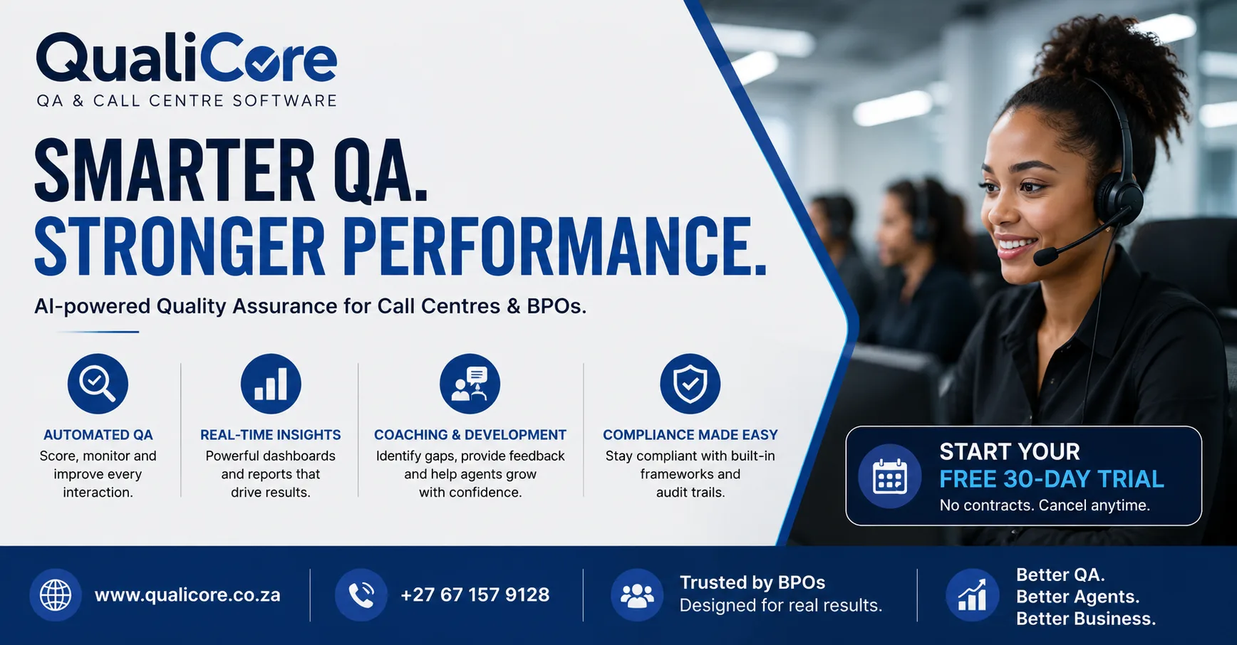 QUALICORE — Smarter QA, stronger performance. AI-powered quality assurance for call centres and BPOs: automated QA scoring on every interaction, real-time performance dashboards, coaching that closes skill gaps, and compliance with built-in frameworks and audit trails.